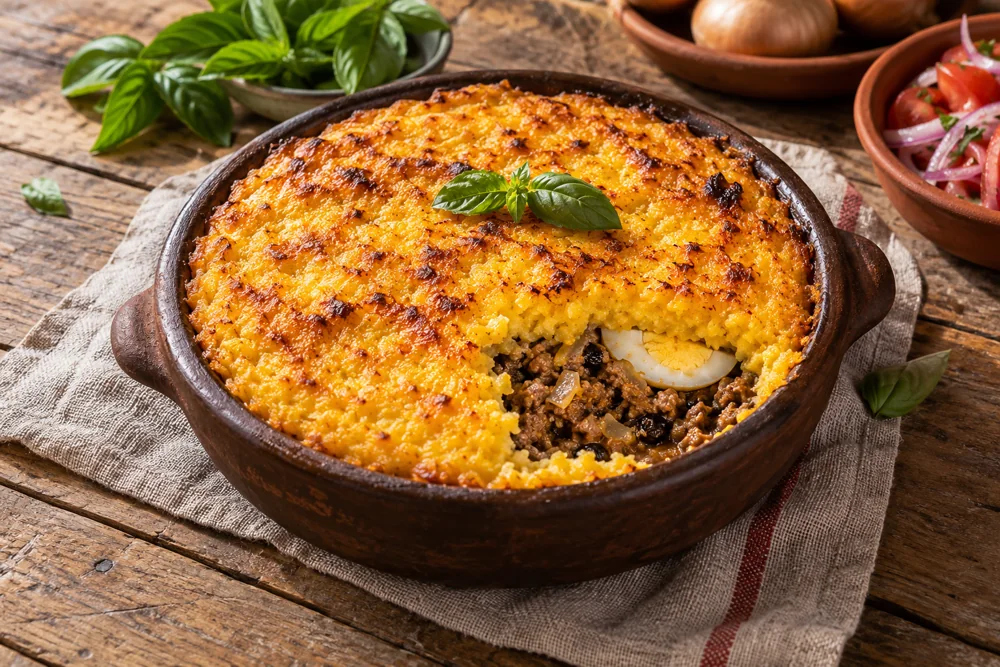 Pastel de choclo dorado en una fuente de greda, imagen ilustrativa